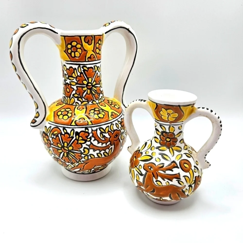 VINTAGE Handmade Theofilos Ceramic Rhodes Greece Pottery Deer Pitcher Vase Set